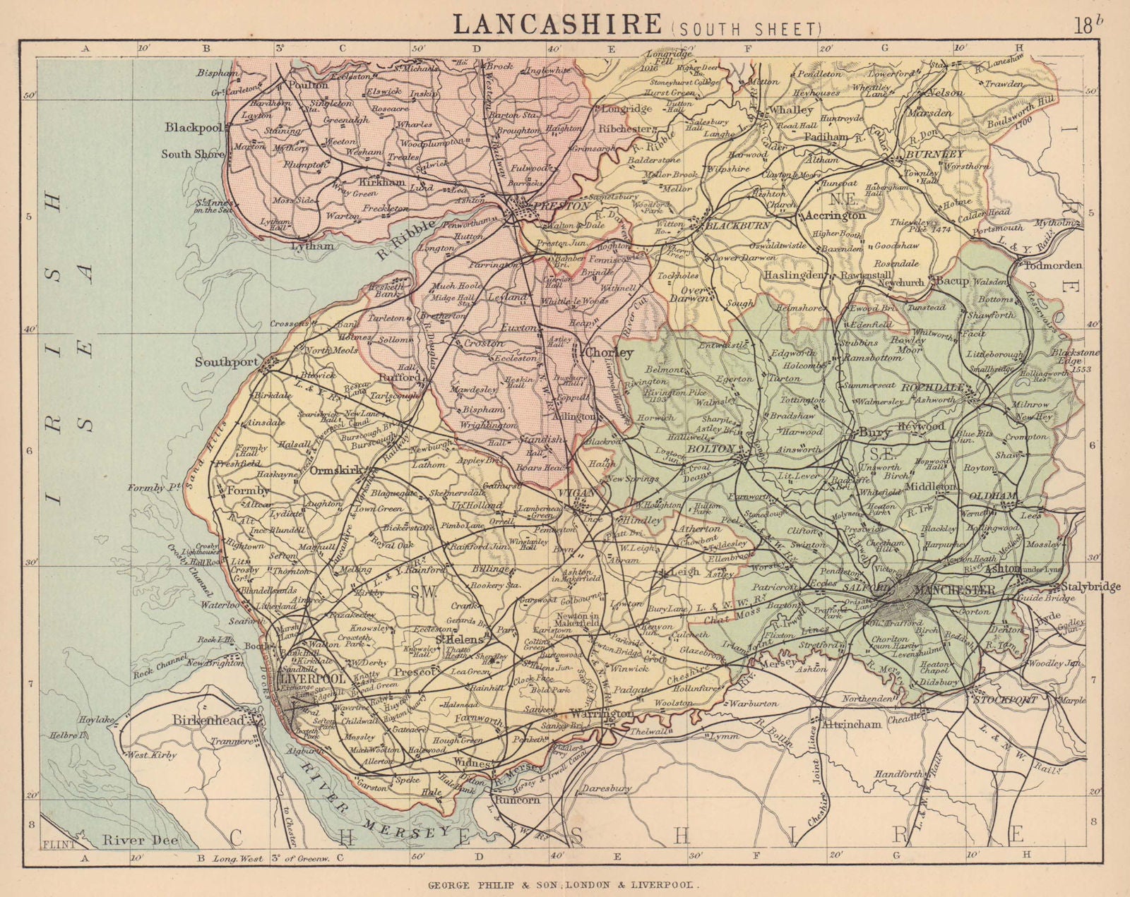LANCASHIRE SOUTH. Antique county map. Railways roads constituencies. PHILIP 1885
